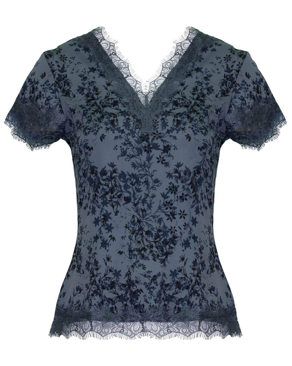 Rosemunde - V Neck Lace Trimmed Printed Floral Tee Blue