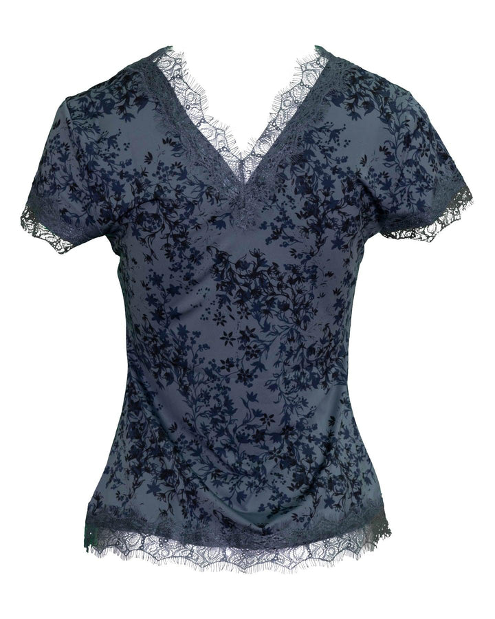 Rosemunde - V Neck Lace Trimmed Printed Floral Tee Blue