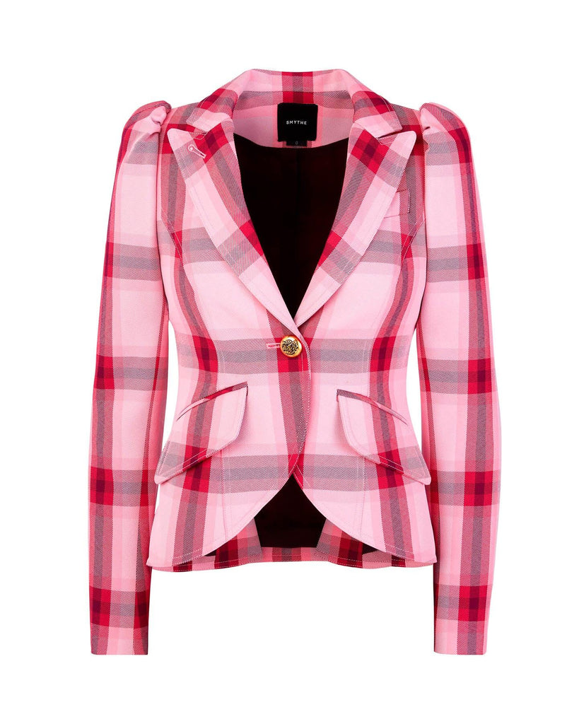 Smythe - Pouf Sleeve One Button Blazer Pink Plaid